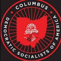 Black background red circle with map of Ohio inside and the rose with two hands shaking DSA logo inside, and the words Democratic Socialists of America Columbus