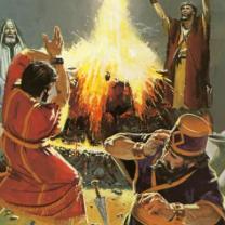 Biblical-looking men with their arms raised to heaven around a big gold flashy light