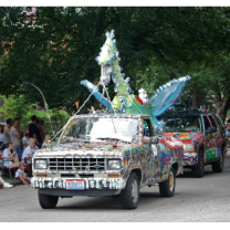 Decorated car with a dragon on top