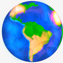 Drawing of colorful Earth with North and South America in gold and green against bright blue oceans
