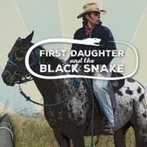 Cowby looking man in a wide brimmed beige hat on a horse with white background and black spots on its rear and the words First Daughter and the Black Snake
