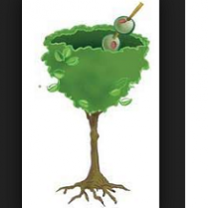 Drawing of a martini made out of a tree trunk and leaves at top with olives