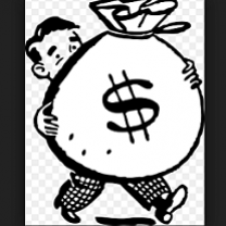 Black and White drawing of man carrying a huge bag of money