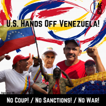 Men and women holding fists in air and blue, red, yellow flag and colors swirling around in background