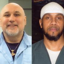 Two photos side by side, two men, on the left is white he is bald with a gold necklace, on the right he is black with a white hat and a beard. 