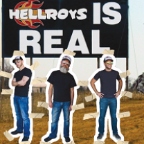 Three white men dressed in blue jeans and black T-shirts with withe baseball caps and little white tabs around them like they are cut-out paper dolls standing outside on the grass under a big black sign that says Hellroys is Real