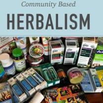 Lots of tinctures and medicinal looking items below and the words Community Based Herbalism above