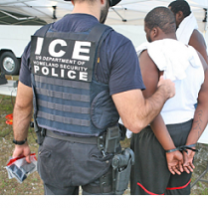 Back of man wearing an ICE police vest taking a dark-skinned man into custody with handcuffs on