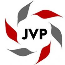 Red abd gray leaves in a circle around the letters JVP