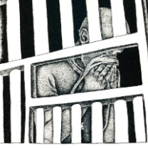 Man behind bars in drawing holding a hankerchief to his face