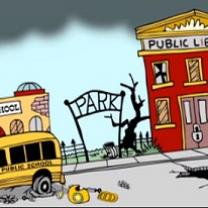 Cartoon of broken down school bus a damaged Park sign and a public school in disrepair