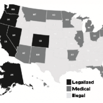 Map with states highlighted that legalized marijuana