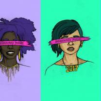 Art of women's heads with pink ribbons over their eyes that say Melanincholia Festival