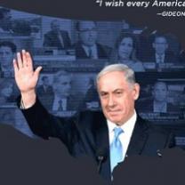 Gray haired white man in a suit waving in front of a silhouette of the United States with photos of news people talking