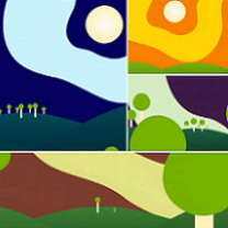 Brightly colored square of environmental scenes