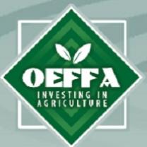 Light blue background with light stripes in a darker blue, a white square behind a green diamond with the letters OEFFA and words Investing in agriculture