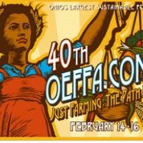 Drawing of brown-skinned woman holding baskets with food and words 40th annual OEFFA