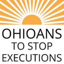Logo of a half circle in orange like the sun with orange rays coming out all around the top and words Ohioans to Stop Executions