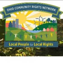 Colorful drawing of a landscape with a sun, windmills, people holding hands, some trees and the words Ohio Community Rights Network