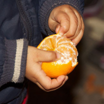 Hands peeling an orange