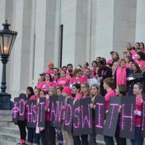People rallying at the stateouse wearing pink shirts