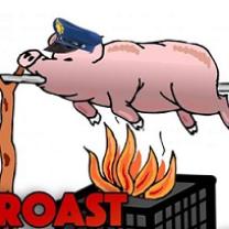 Cartoon pink pig on a roaster with a police hat on, fire below and word Roast