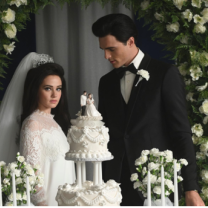 Priscilla and Elvis at wedding in front of wedding cake