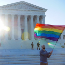 Rainbow flag waved in front of government building