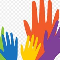 Green, blue, yellow red and purple hands reaching up