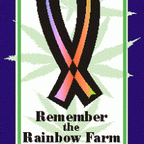 Drawing of a ribbon that is purple and orange and words Remember Rainbow Farm