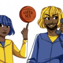 Basketball on a person's finger with the words Safer Sex on it