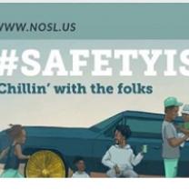 People outside next to a truck, the words #Safetis Chillin' with the folks