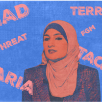 Red and blue picture of woman wearing head scarf against background with words terror, attack, etc.