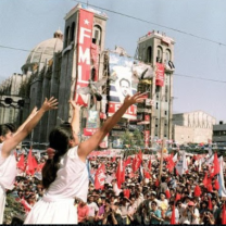 People celebrating in town square