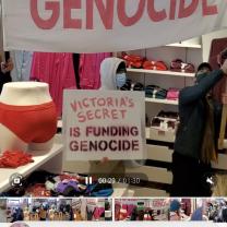 Sign saying VIctoria's Secret is funding genocide