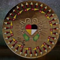 Round mandala with Native American symbols and a heart in the middle between two swiggly  lines depicting the serpent mound
