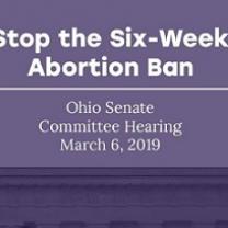 words Six Week Abortion Ban against blue background and details about event