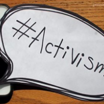The words hashtag activism