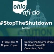 Blue background with muted image of a capitol dome and an image of the state of ohio with the words AFL-CIO and #StoptheShutdown Rally and details of the event