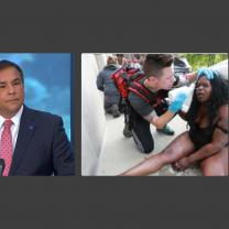 Mayor Ginther and photo of protester