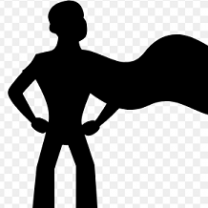 Black silhouette of a guy with hands on hips and a cape billowing out to the side