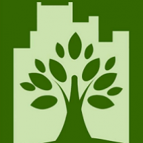 Grass green background and tree against a white building