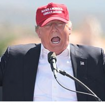 Trump in red baseball MAGA hat with mouth open