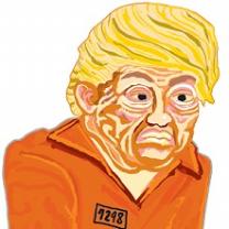 Cartoon of Trump with yellow hair and orange jumpsuit from prison