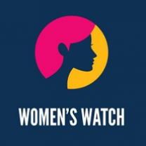 Drawing of side view of woman's head in a circle with red hair and yellow on other side of blue head silhouette with words women's watch