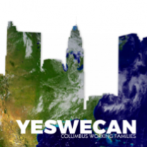 A colorful image of Columbus skyline in green, yellow and blue with white words in front at the bottom Yes We Can