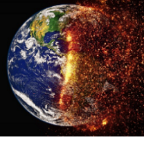 Earth against a black sky and the side of it into exploding into red sparks