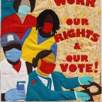 Colorful artwork of people all wearing masks and words Our Rights and Our Vote!