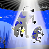 Cows being beamed up to a spaceship