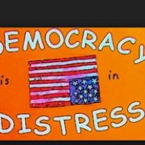 Drawing up upside down flag in between the words Democracy in distress